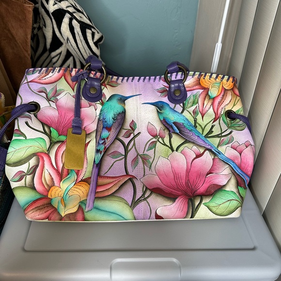 Anuschka Hand Painted Genuine LeatherHummingbird Floral Tote Bag/Accessories - Picture 2 of 16